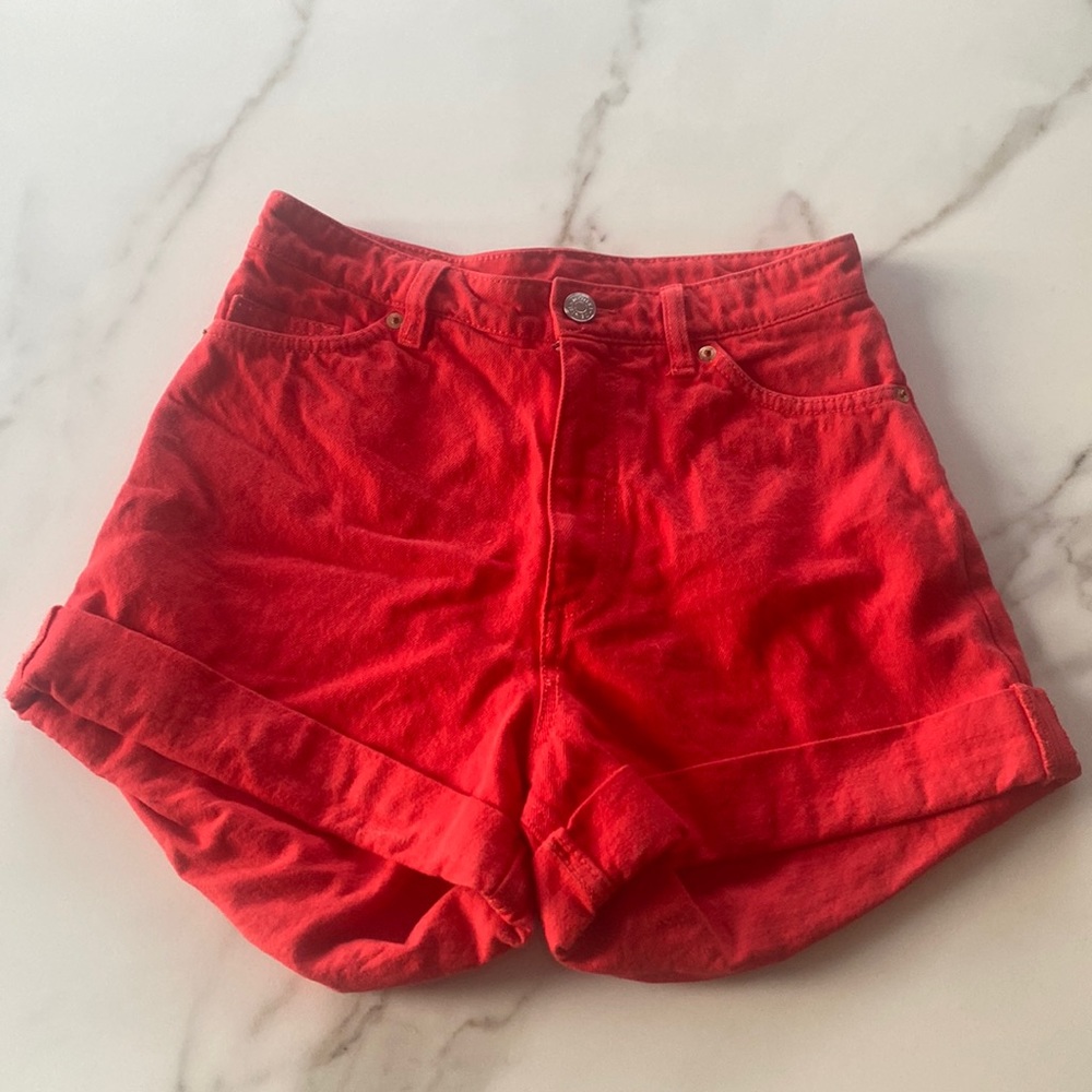 Monki Red Super High Waisted Jean Shorts